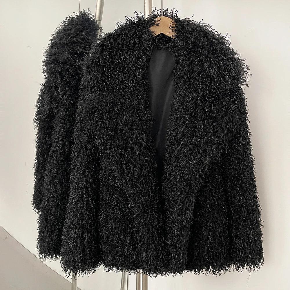 New Winter Women's Faux Mongolia Sheep Fur Coat Warm Thick Long Sleeve Artificial Fur Jacket