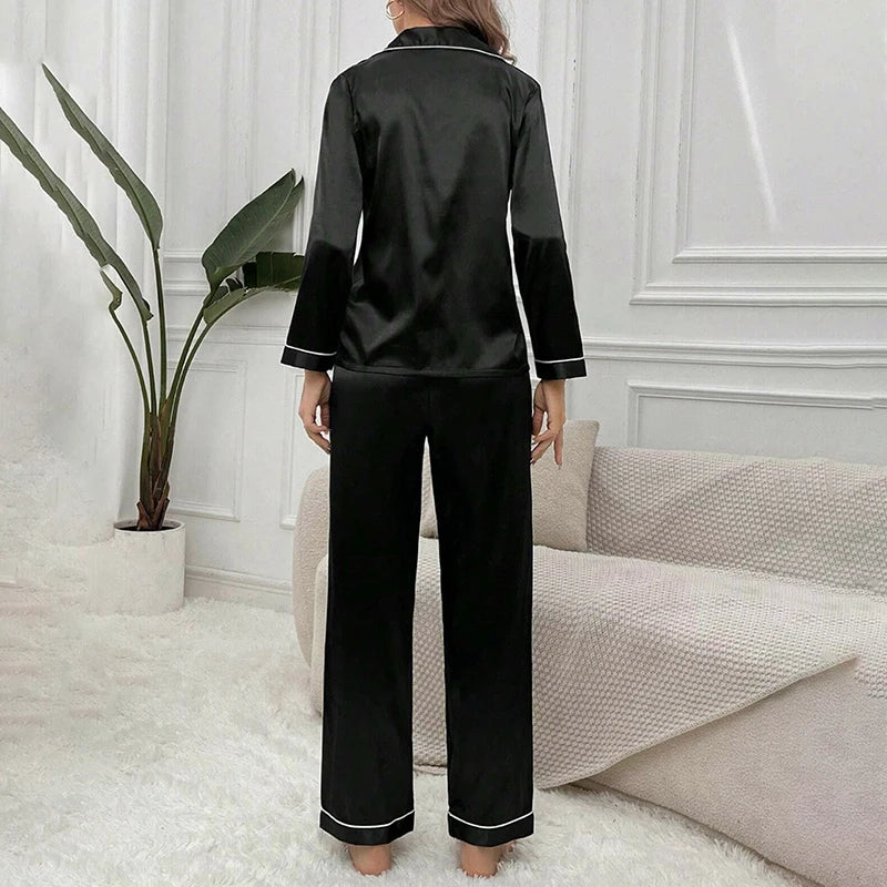 Women's Autumn Satin Pajama Set | Long Sleeve Button Lapel Top & Pants 2-Piece Comfortable Sleepwear