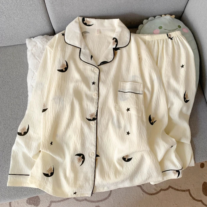 Autumn Women's Plaid Pajama Set | Korean Style Embroidered Dog 2-Piece Soft Vintage Sleepwear