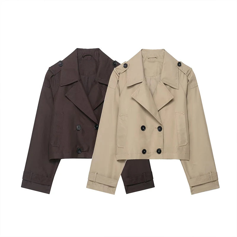 Women's Double-Breasted Short Trench Coat Turn-Down Collar Long Sleeve Vintage Chic Outerwear