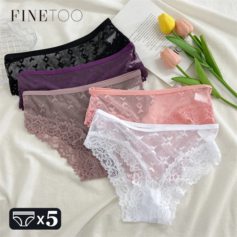 FINETOO 5PCS Women's Lace Hollow Out Panties Sexy Floral Solid Color Underwear Lingerie S-XL