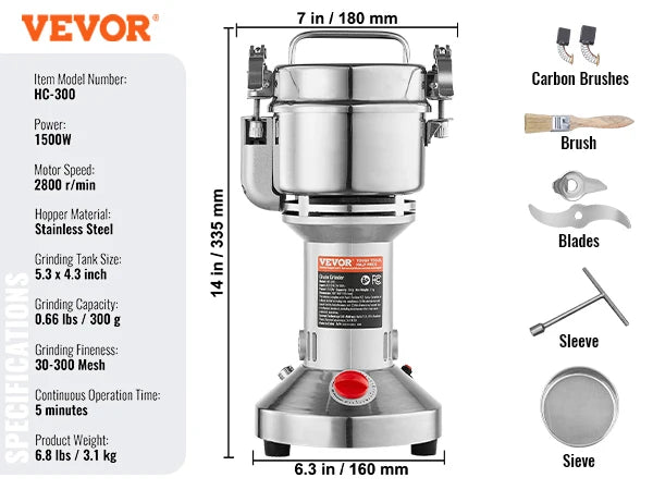 Electric Grain Mill Grinder 150-2500g Commercial Spice Herb Crusher