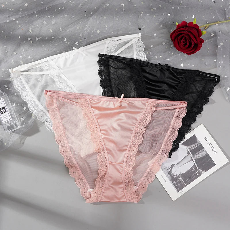 2PCS Women's Mesh Satin Ice Silk Low Rise Panties Soft Breathable Sexy Lace Underwear