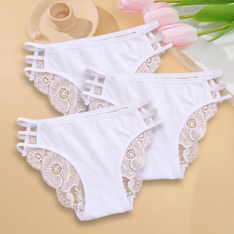 3PC Set Women's Sexy Floral Lace Low Rise Hollow Out Panties Transparent Underwear Soft Elastic Straps Lingerie