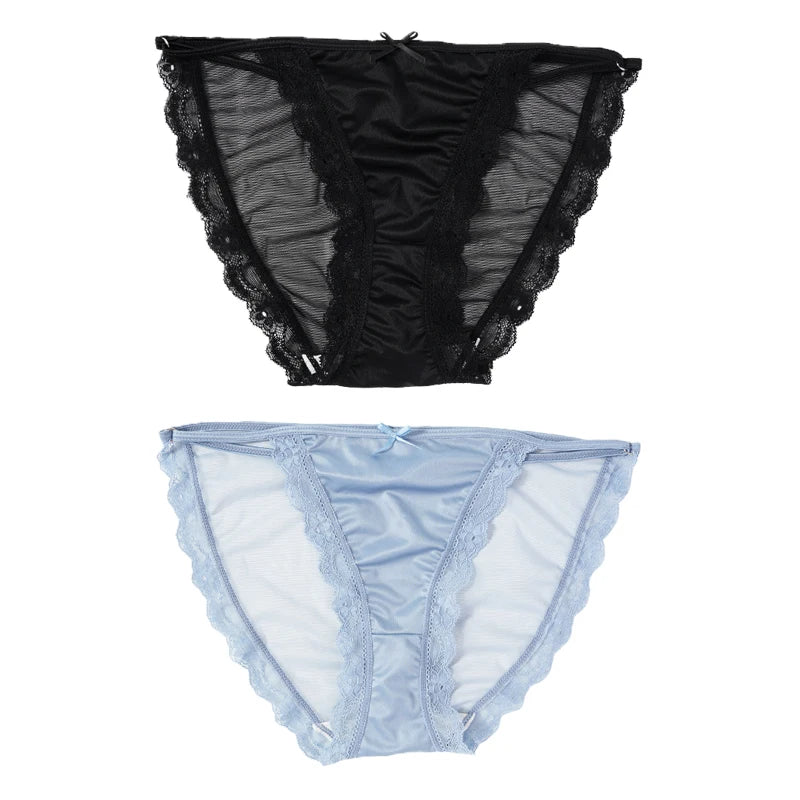2PCS Women's Mesh Satin Ice Silk Low Rise Panties Soft Breathable Sexy Lace Underwear