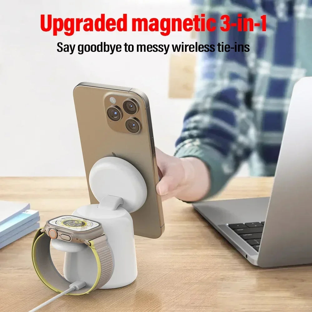3-in-1 Magnetic Wireless Charger Stand – Fast Charging Dock for MagSafe iPhone 12/13/14/15 Pro Max, Apple Watch & AirPods
