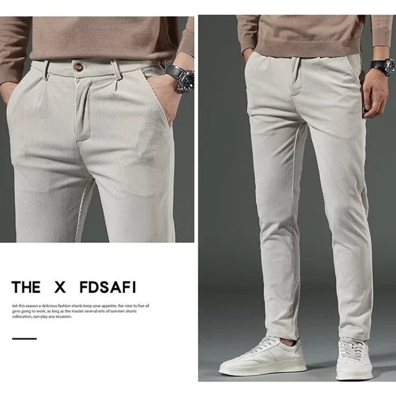 Men's High-Quality Corduroy Thermal Pants – Khaki Narrow Leg Casual Autumn Winter Trousers