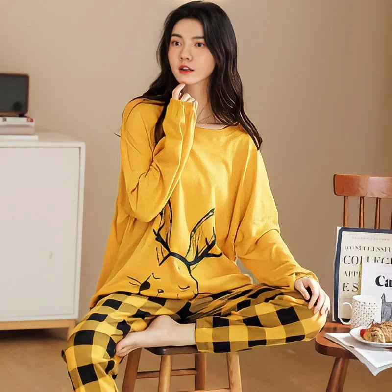 Women's Spring & Autumn Pajama Set | Long Sleeve Plus Size Loose Homewear | Simple Comfortable Sleepwear