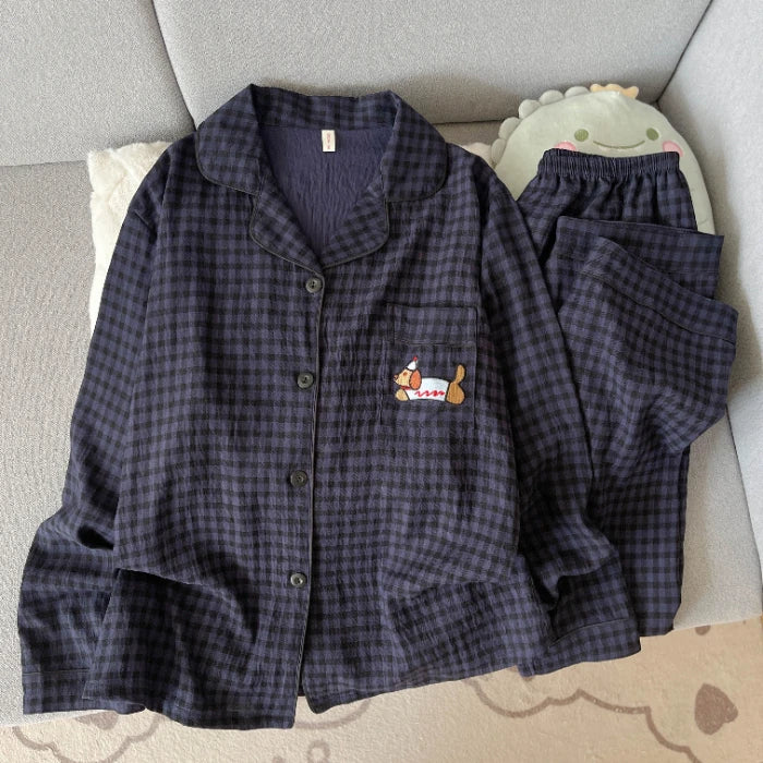 2025 Women's Moon Bear Pajama Set | Korean Style Soft 2-Piece Long Sleepwear with Lapel Neck