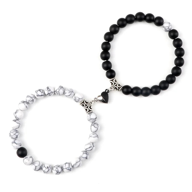 2-Pcs Natural Stone Bead Couple Bracelets – Heart Magnet Distance Friendship Jewelry Gift for Lovers