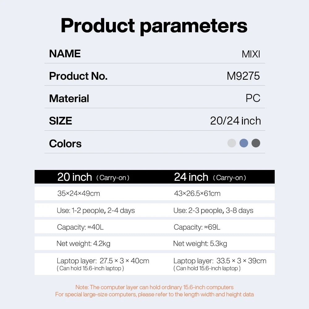 Mixi New Design Wide Handle Suitcase | Men & Women Carry-On Travel Trolley 20 Inch Cabin PC Aluminum Frame M9275