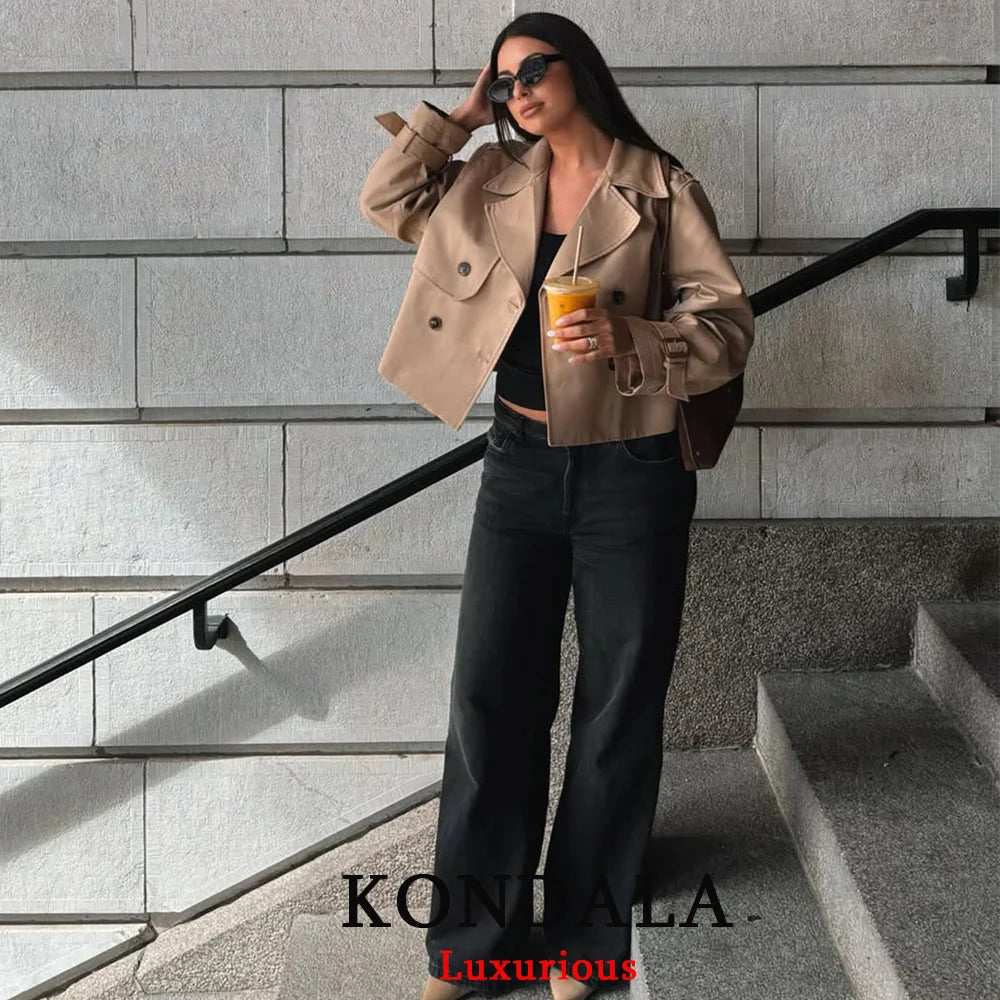 KONDALA Vintage Casual Chic Women’s Double-Breasted Turn-Down Collar Short Jacket 2025 Autumn