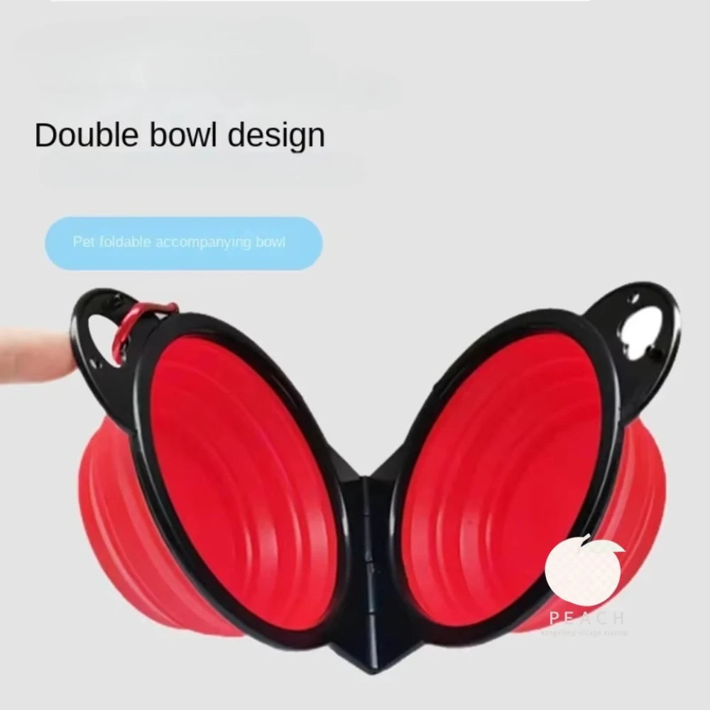 Red and black double bowl design on a gray background