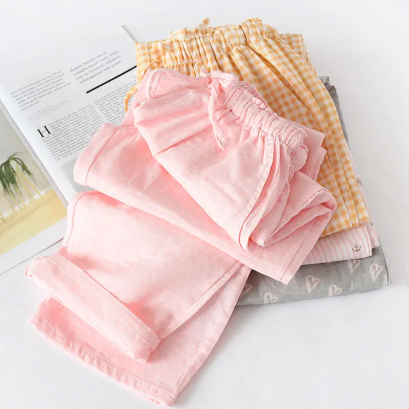Spring & Summer Women's Cotton Sleep Pants | Couples Homewear | Thin Double Gauze Casual Printed Pajama Bottoms