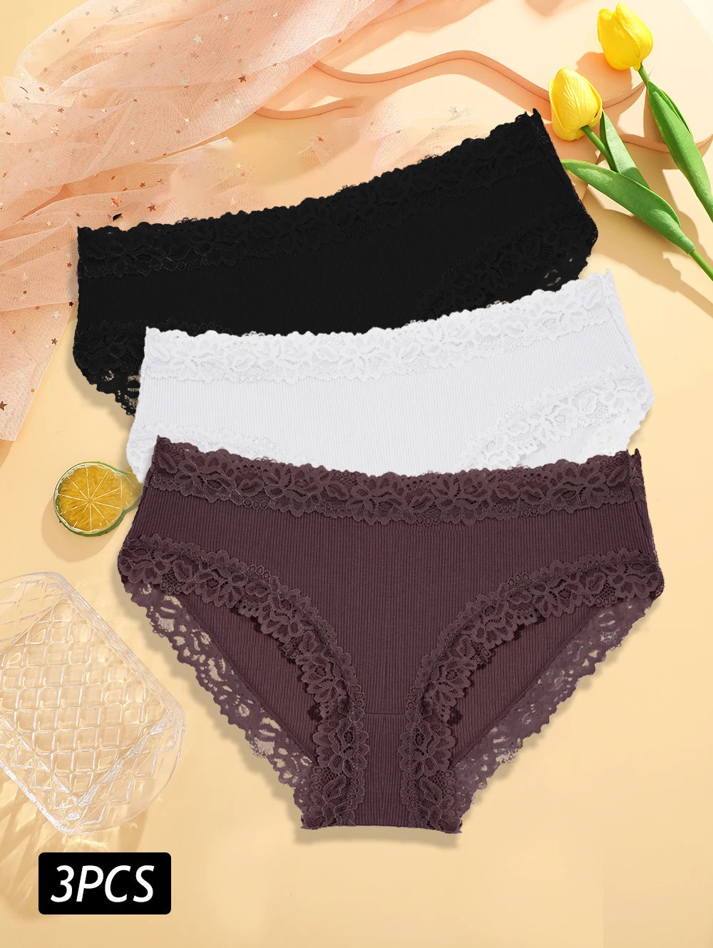 3PCS Set Women's Sexy Lace Cotton Low Rise Panties Floral Seamless Soft Breathable Underwear S-XL