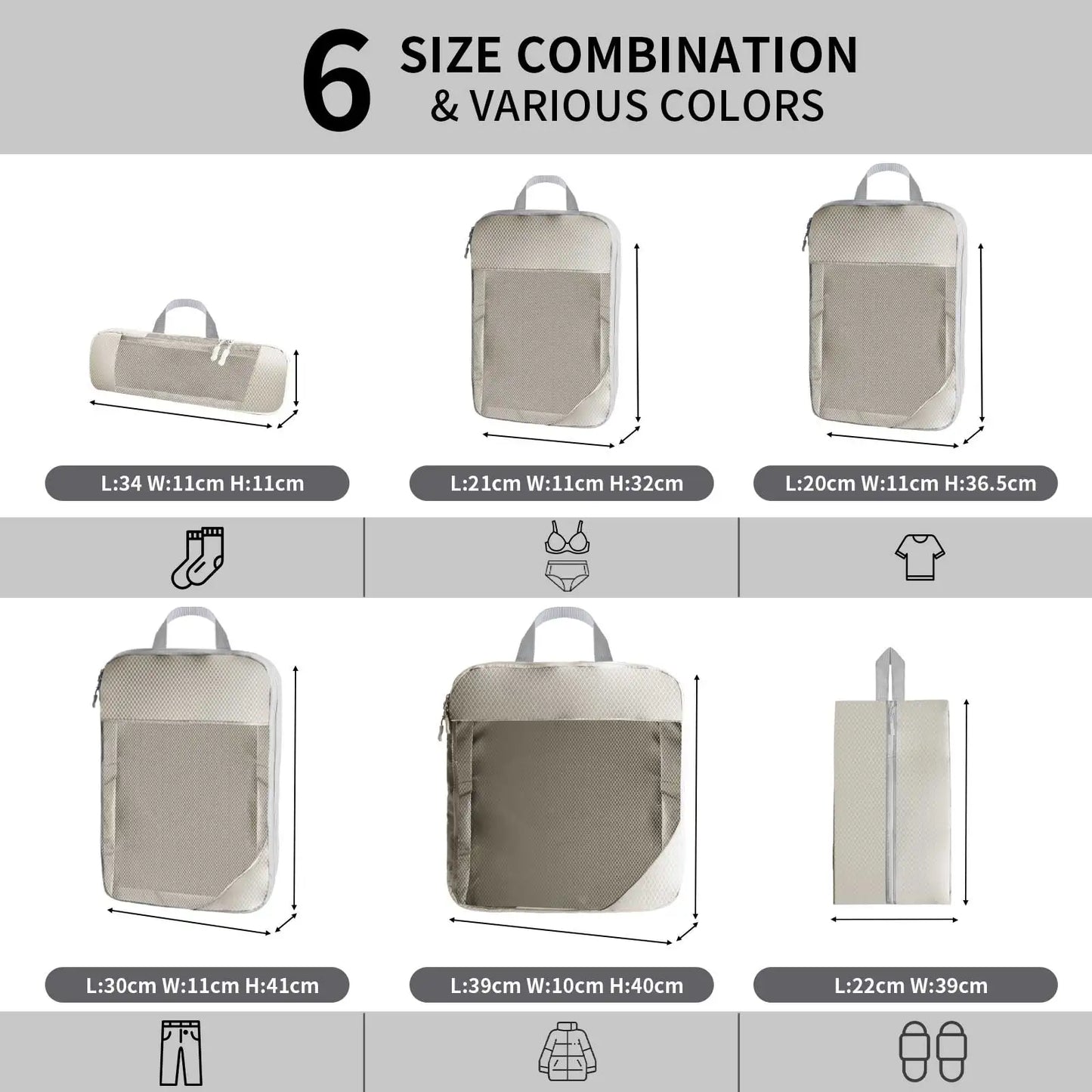 5 Set / 6 Set Compressible Packing Cubes | Large Capacity Waterproof Travel Luggage Storage Organizer