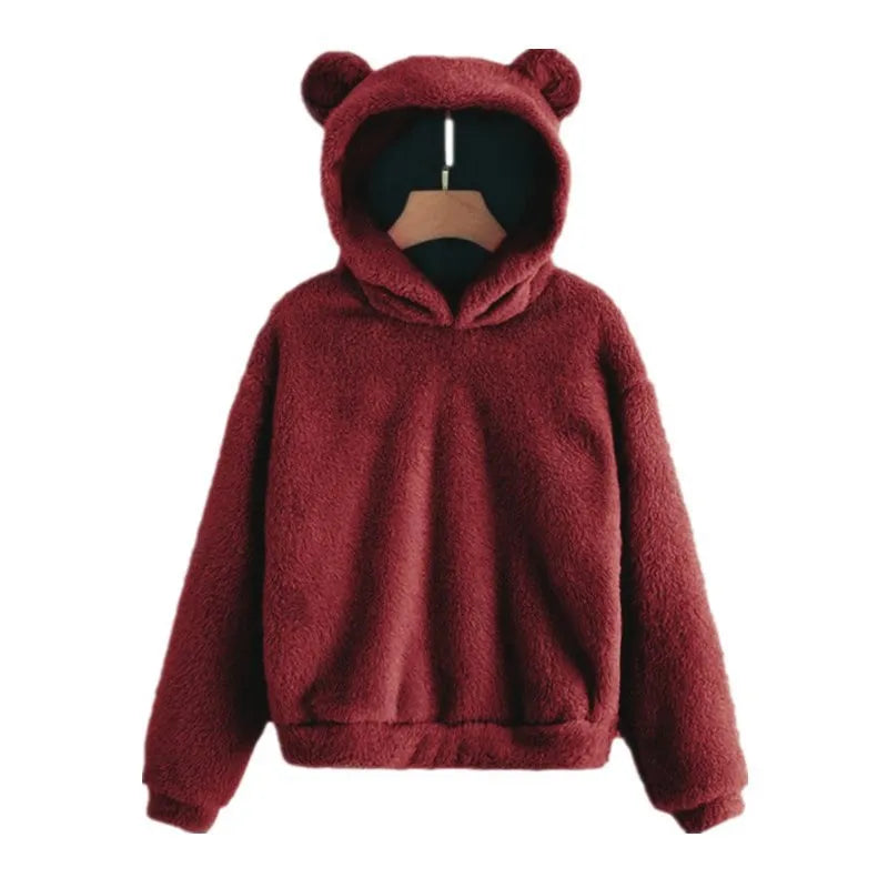 Autumn Winter Women's Long Sleeve Rabbit Ear Hood Plush Sweatshirt Cute Warm Hoodie