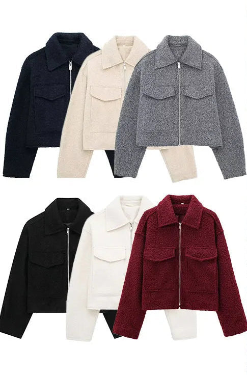 Woman wearing a gray jacket withDuoperi clothing options displayed on the left.