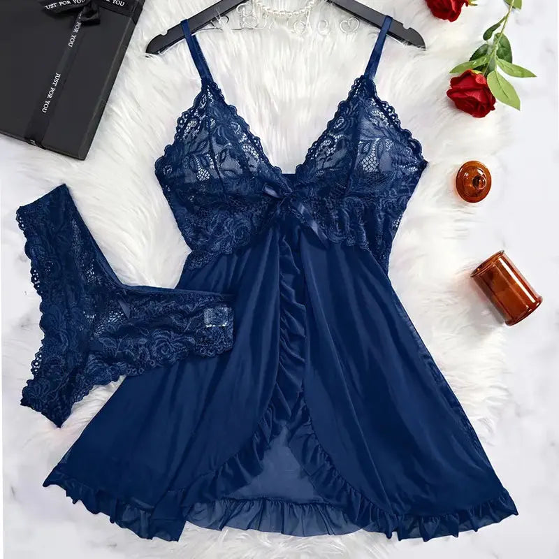 Women's Tulle Sleepwear Set | Elegant V-Neck Sheer Nightdress with Soft Pajama Skirt | Lightweight Comfortable Loungewear