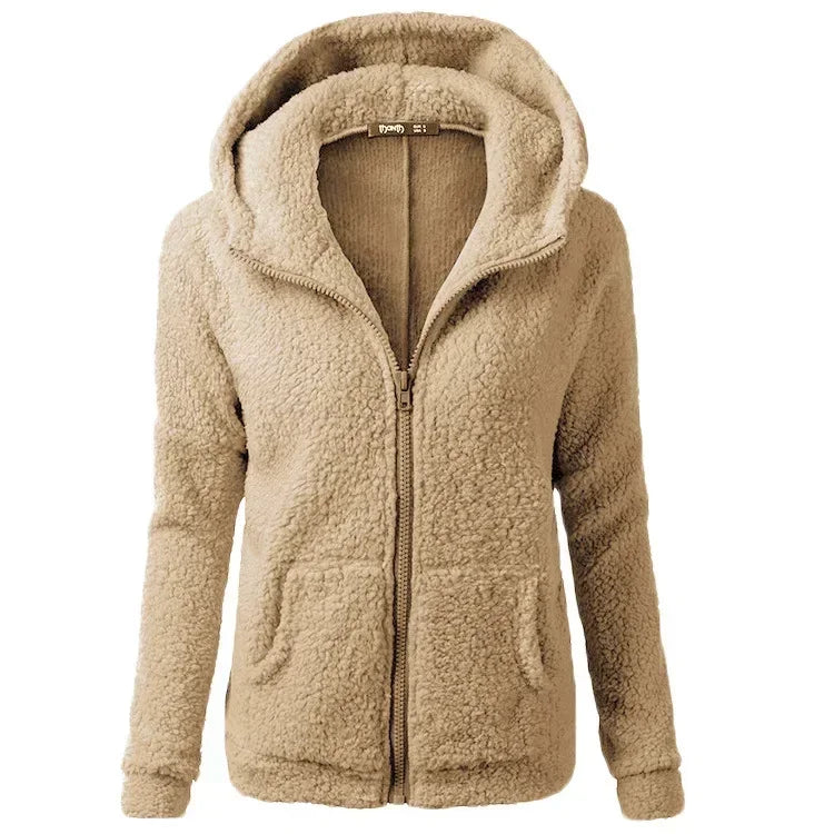 Autumn Winter 2025 Women's Hoodie Zipper Coat Casual Solid Soft Fleece Jacket