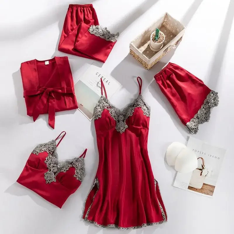 5PCS Women's Satin Sleepwear Set | Lace V-Neck Pajamas | Comfortable Spring Homewear PJS