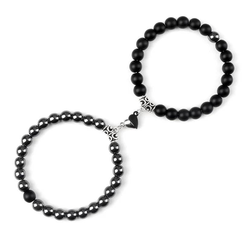 2-Pcs Natural Stone Bead Couple Bracelets – Heart Magnet Distance Friendship Jewelry Gift for Lovers