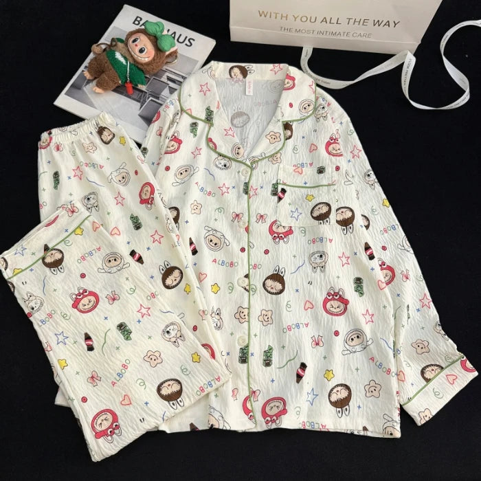 Autumn Women's Kawaii Pajama Set | Harajuku Style Line Star Dog Print 2-Piece Cute Loungewear