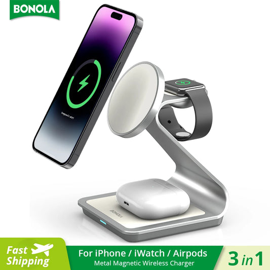 3-in-1 wireless charging stand with phone, watch, and earbuds on a white background