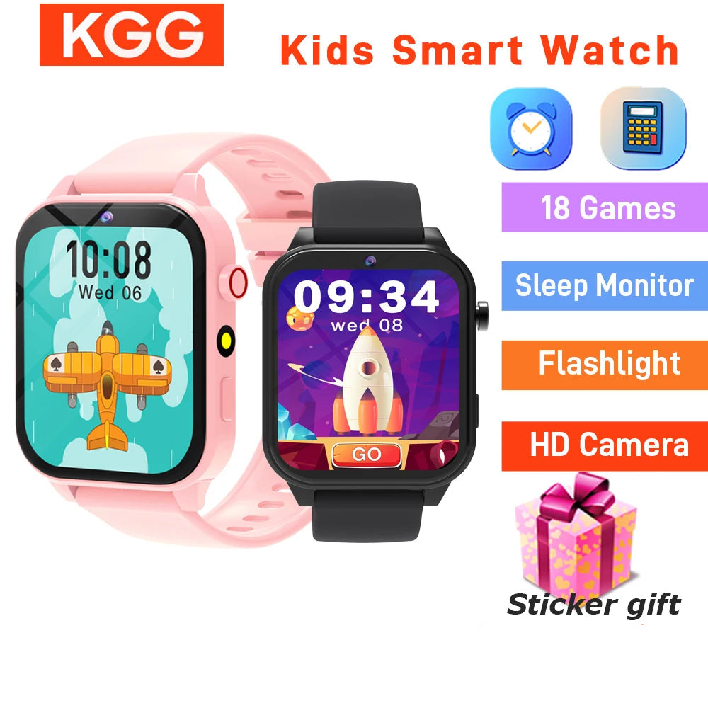 Two children's smart watches with app icons and features on a white background, branded KGG.