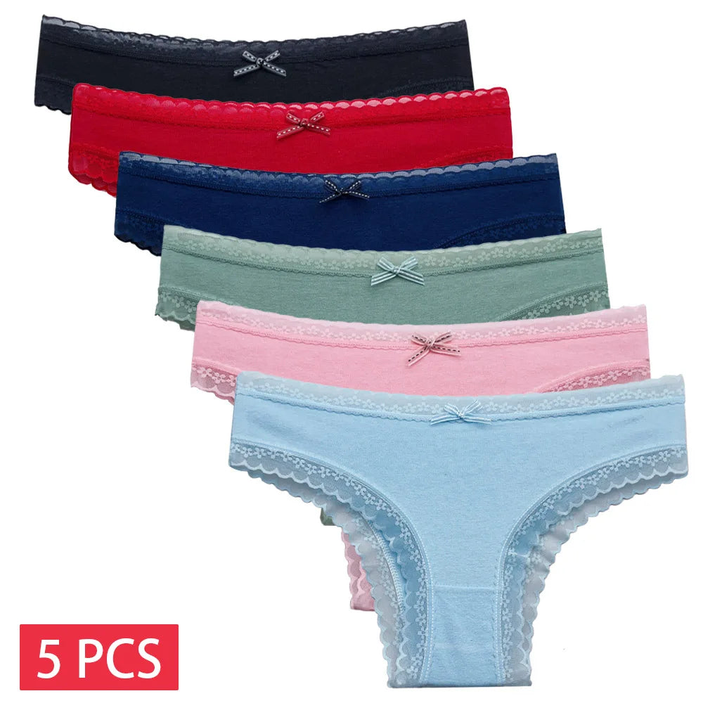 5PCS Set Women's Cotton Lace Low Waist Panties Sexy Underwear Briefs M-XL