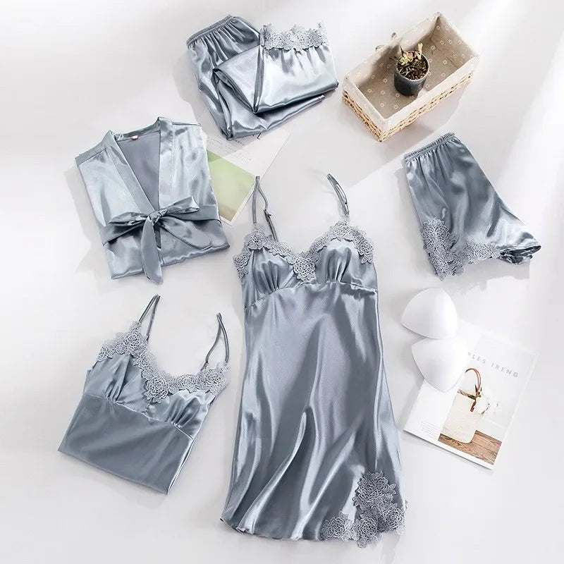 5PCS Women's Satin Sleepwear Set | Lace V-Neck Pajamas | Comfortable Spring Homewear PJS