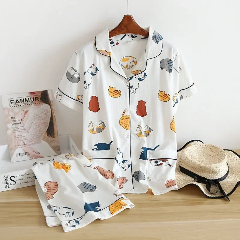 New 100% Cotton Short-Sleeved Pajama Set for Women | Cute Cartoon Japanese-Style Summer Sleepwear