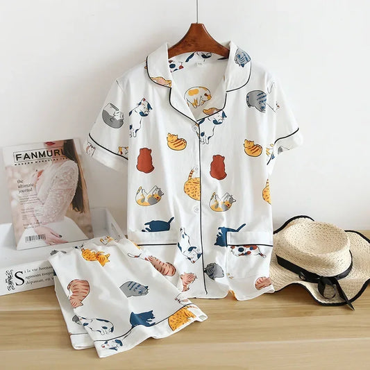 New 100% Cotton Short-Sleeved Pajama Set for Women | Cute Cartoon Japanese-Style Summer Sleepwear