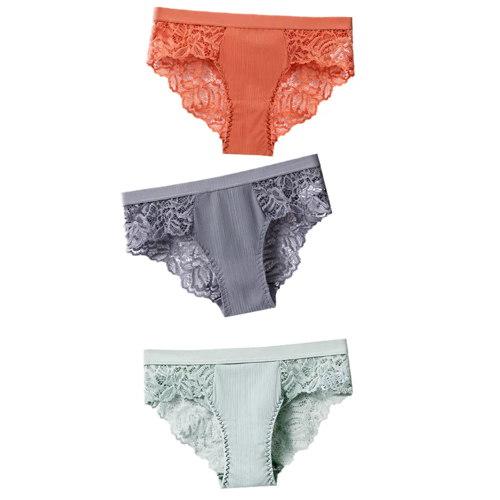 3Pcs Cotton Lace Panties for Women - Sexy Floral Briefs Underwear Lingerie Plus Size