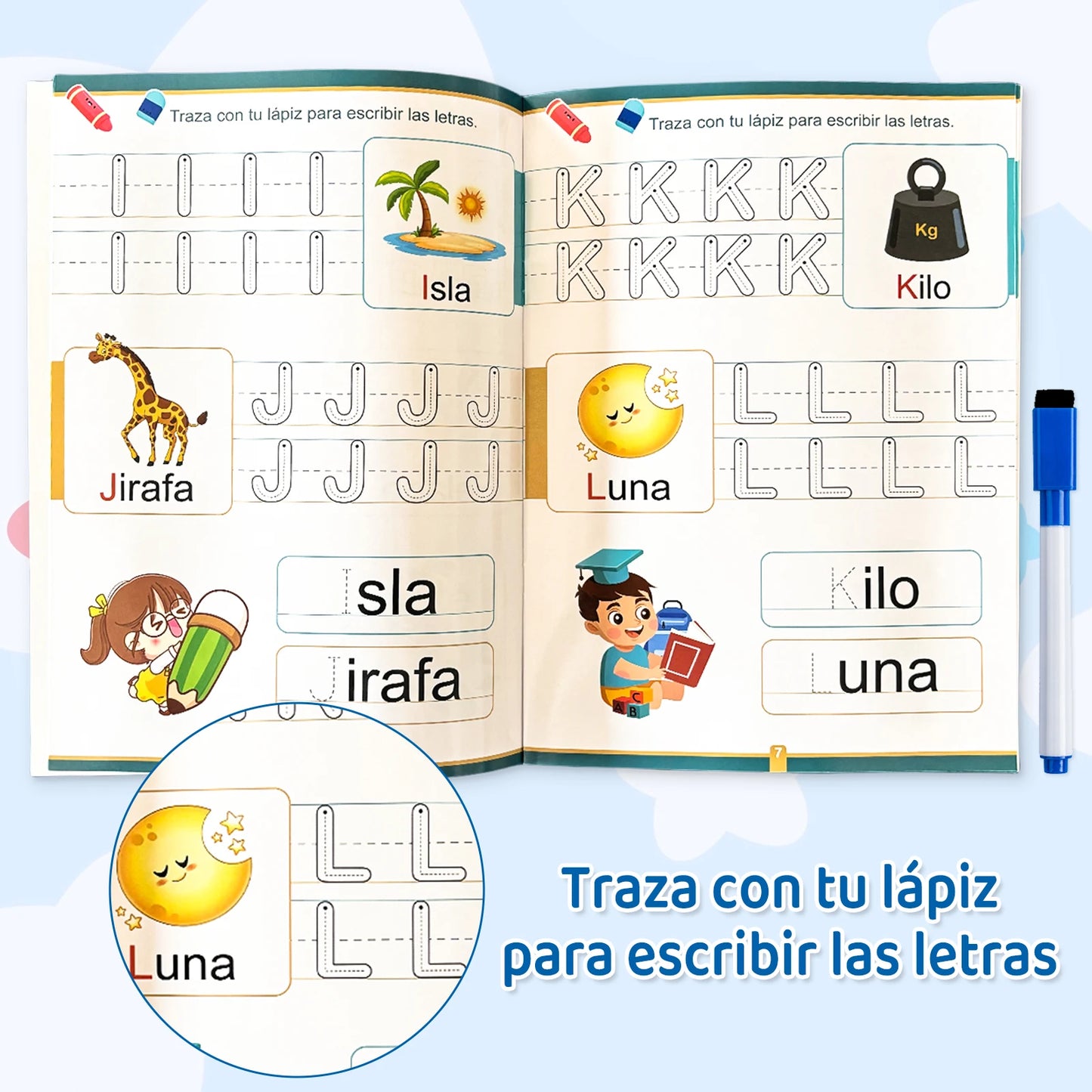 Spanish Children’s Tracing Book – Rewritable Alphabet & Numbers Learning with Pen, Educational Puzzle Book & Gift
