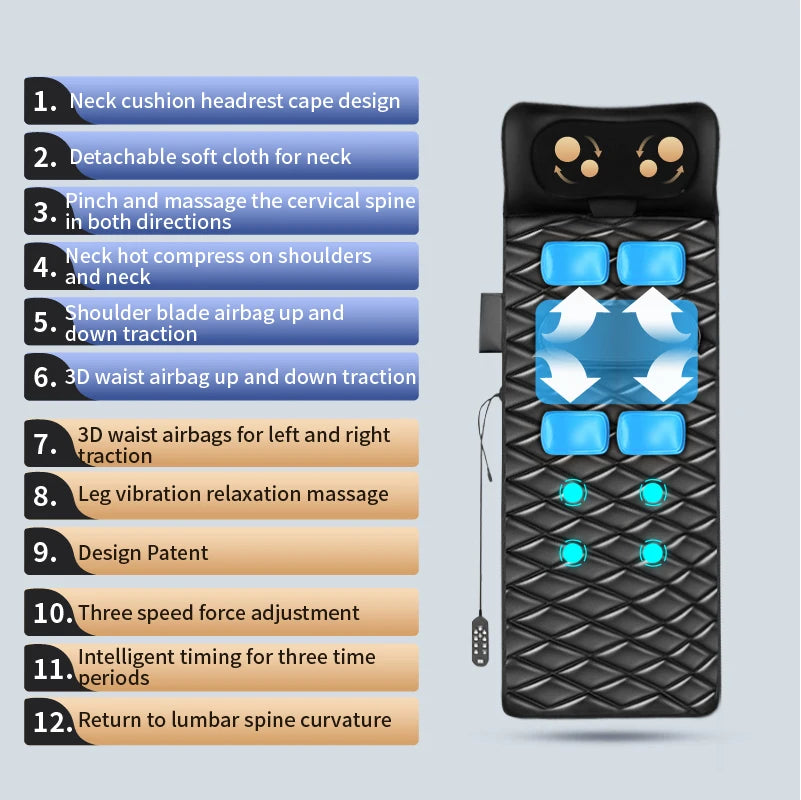 Upgraded Heated Massage Mat – Large-Area Vibration & Airbag Swing Neck Massager with Lumbar Traction and Remote Control