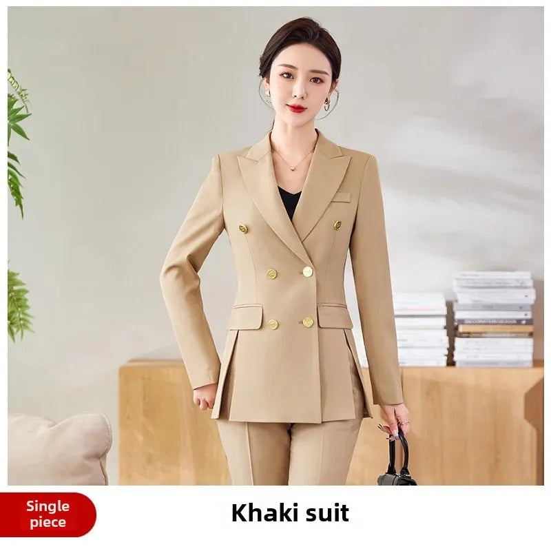 Women’s Khaki Western-Style Suit – Professional Double-Button Jacket Workwear