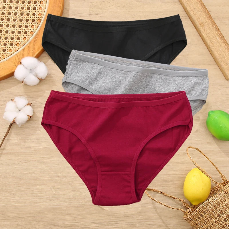 3PCS Set Women's Cotton Jacquard Panties Solid Color Sexy Briefs Underwear S-XL