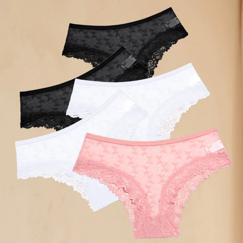 FINETOO 5PCS Women's Lace Hollow Out Panties Sexy Floral Solid Color Underwear Lingerie S-XL
