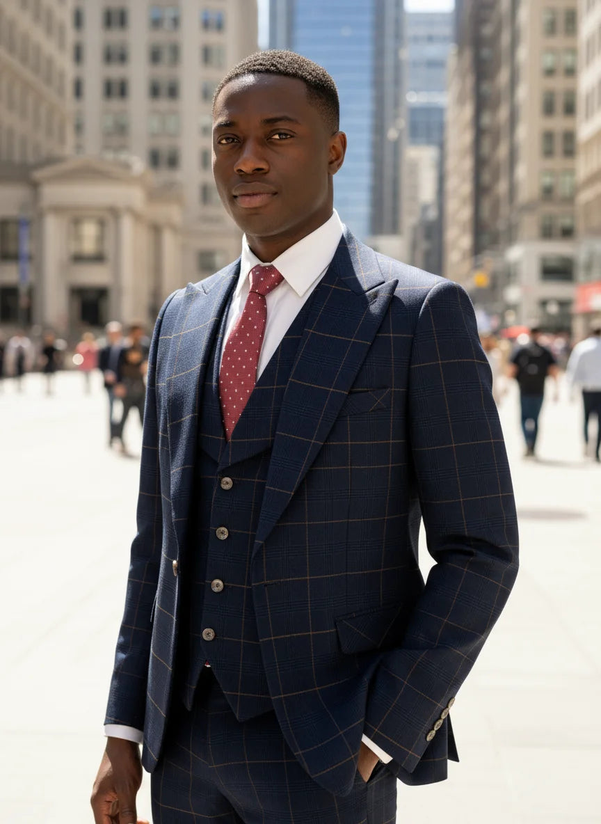 ST Cassy Men's 3-Piece Checkered Suit – Dark Blue Business, Wedding & Formal Outfit
