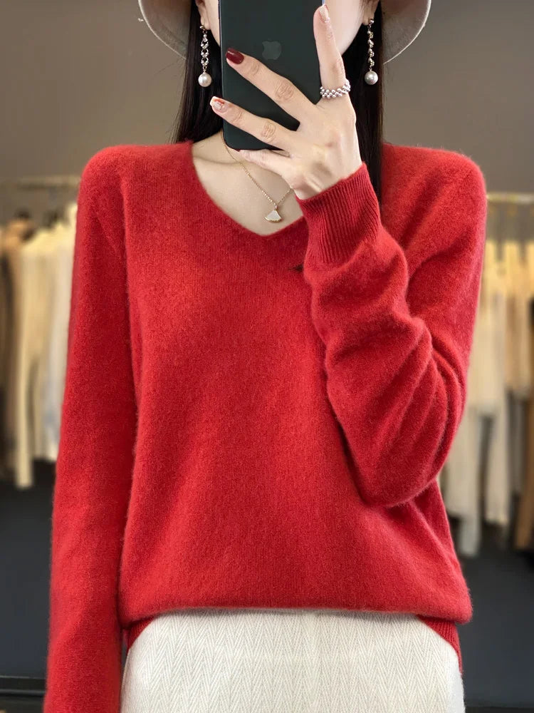 Fashion 100% Merino Wool Cashmere V-Neck Sweater Women Long Sleeve Autumn Winter Knitwear