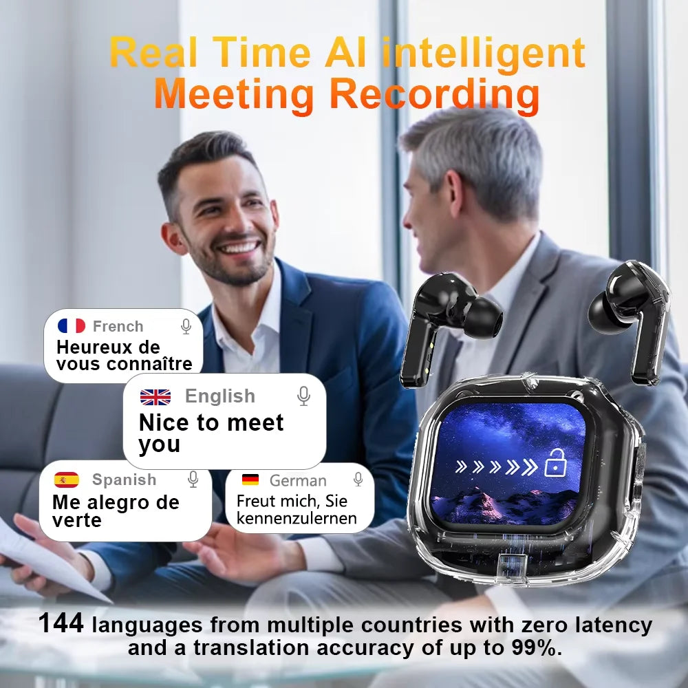 Wireless Bluetooth Earphones – 144-Language Real-Time Translation, Smart Touch Screen, HiFi TWS Headset for Business