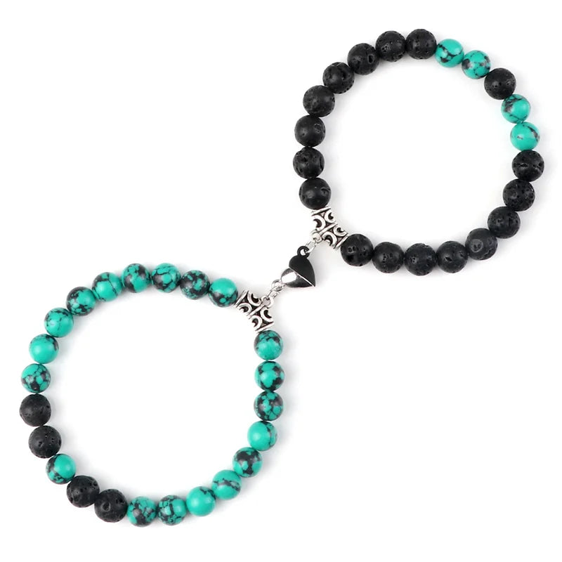 2-Pcs Natural Stone Bead Couple Bracelets – Heart Magnet Distance Friendship Jewelry Gift for Lovers