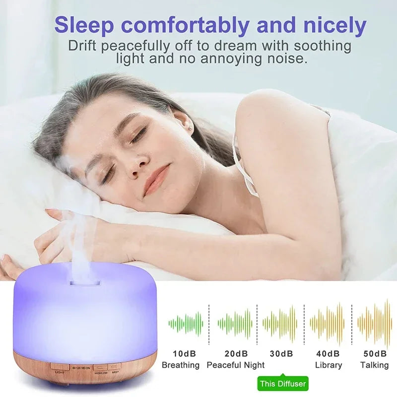 Mini Wood Grain Aroma Diffuser – 500ML USB Essential Oil Humidifier with Colorful Night Lights for Home Air Purification