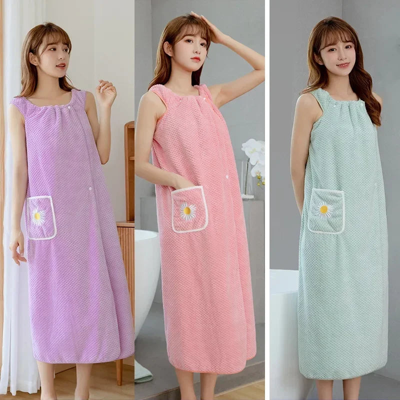 Women's Wearable Bath Towel Wrap - Absorbent Polyester Long Skirt Style Washable Bathrobe for Adults