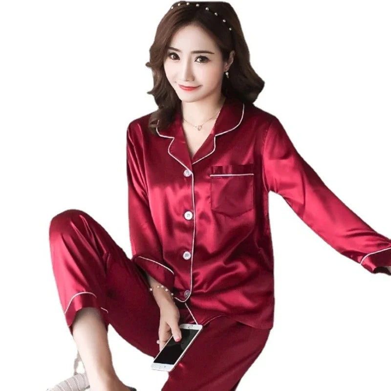 2025 Women's Silk Pajama Set | Long Sleeve Cardigan Ice Silk Sleepwear Home Clothing