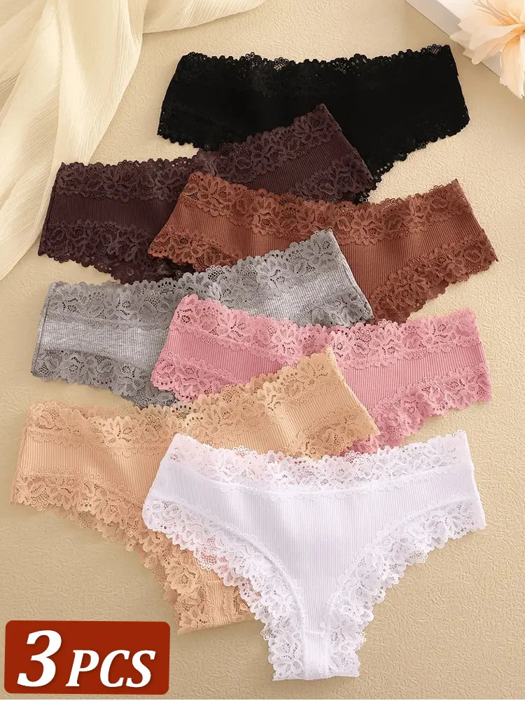 3PCS Women's Cotton Lace Brazilian Panties Soft Sexy Underwear Lingerie S-XL