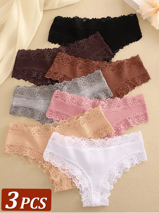 3PCS Women's Cotton Lace Brazilian Panties Soft Sexy Underwear Lingerie S-XL