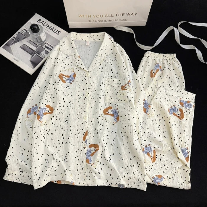 Autumn Women's Kawaii Pajama Set | Harajuku Style Line Star Dog Print 2-Piece Cute Loungewear