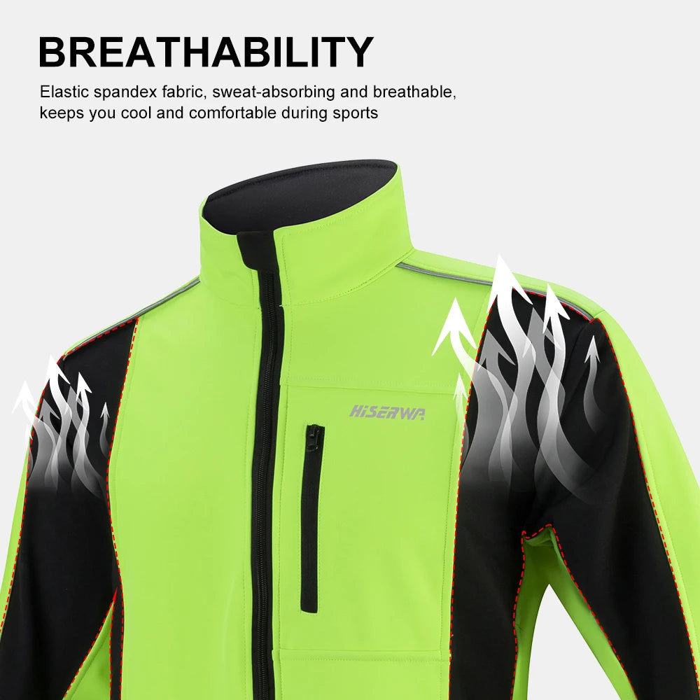 سترة ركوب الدراجات للرجال من HISERWA - مصنوعة من الصوف المقاوم للرياح بأكمام طويلة ودافئة وناعمة وممشطة